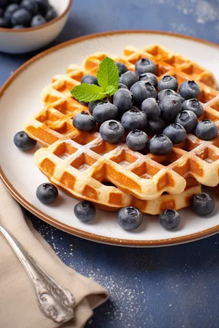 蓝莓华夫饼蜂蜜松软可口美食甜点摄影图