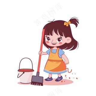 扫地的小女孩搞卫生劳动卡通插画免抠