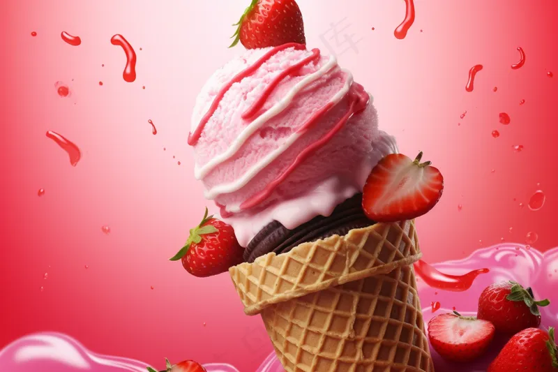 夏日草莓冰淇淋清凉蛋筒甜点摄影图(4032x2688)