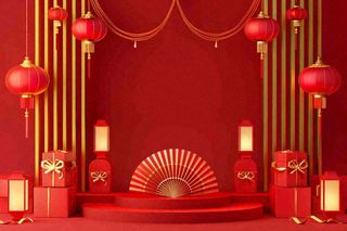 红金创意喜庆新年扇子鼓灯笼C4D展台背景新年春节小年电商背景