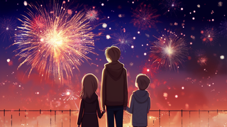 一家三口元旦跨年元旦烟花插画背景