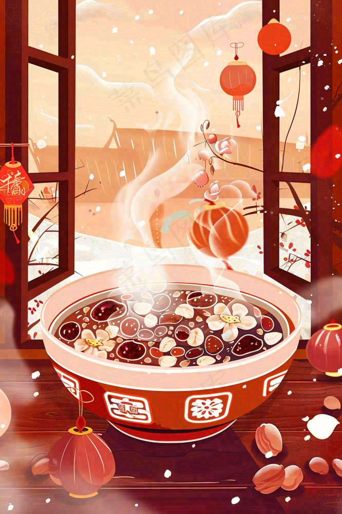 腊八粥冬季新年腊八节卡通插画背景(896x1344)