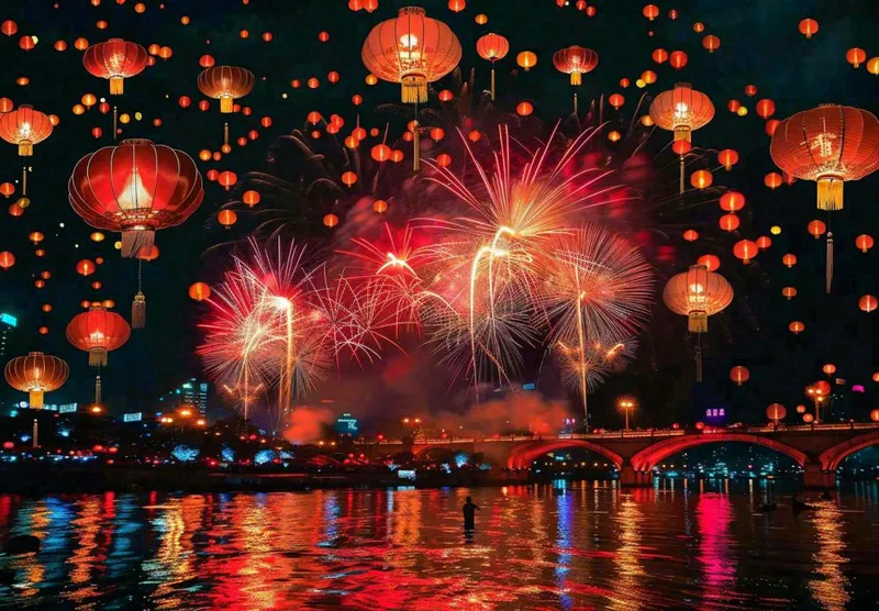 节日庆祝江上烟花活动灯笼背景(1312x912)