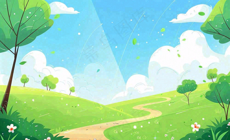春日风景草地蓝天白云背景立春春分节气绿色卡通插画背景(1408x864)