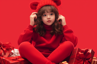 新年新春女孩拆礼物红色礼盒背景摄影图