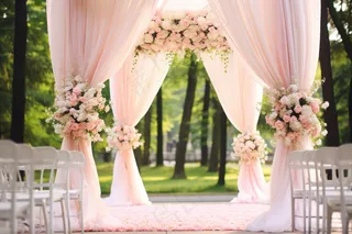 粉色婚礼布置现场户外婚礼森林摄影图