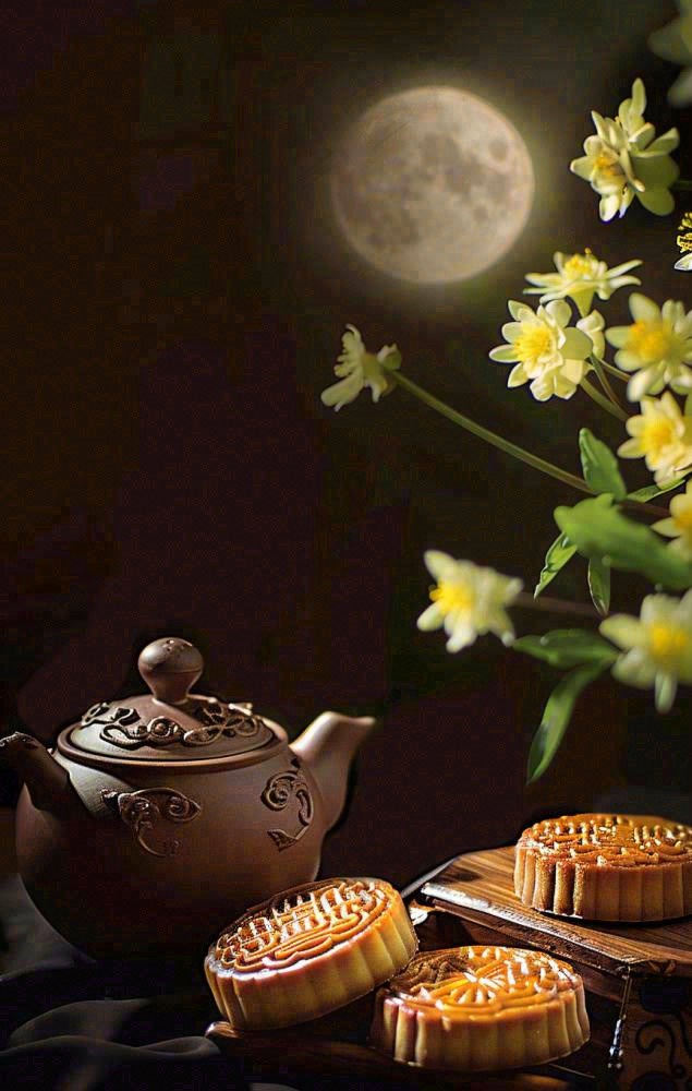 中秋月饼传统糕点美食圆月黄花摆盘精美摄影图