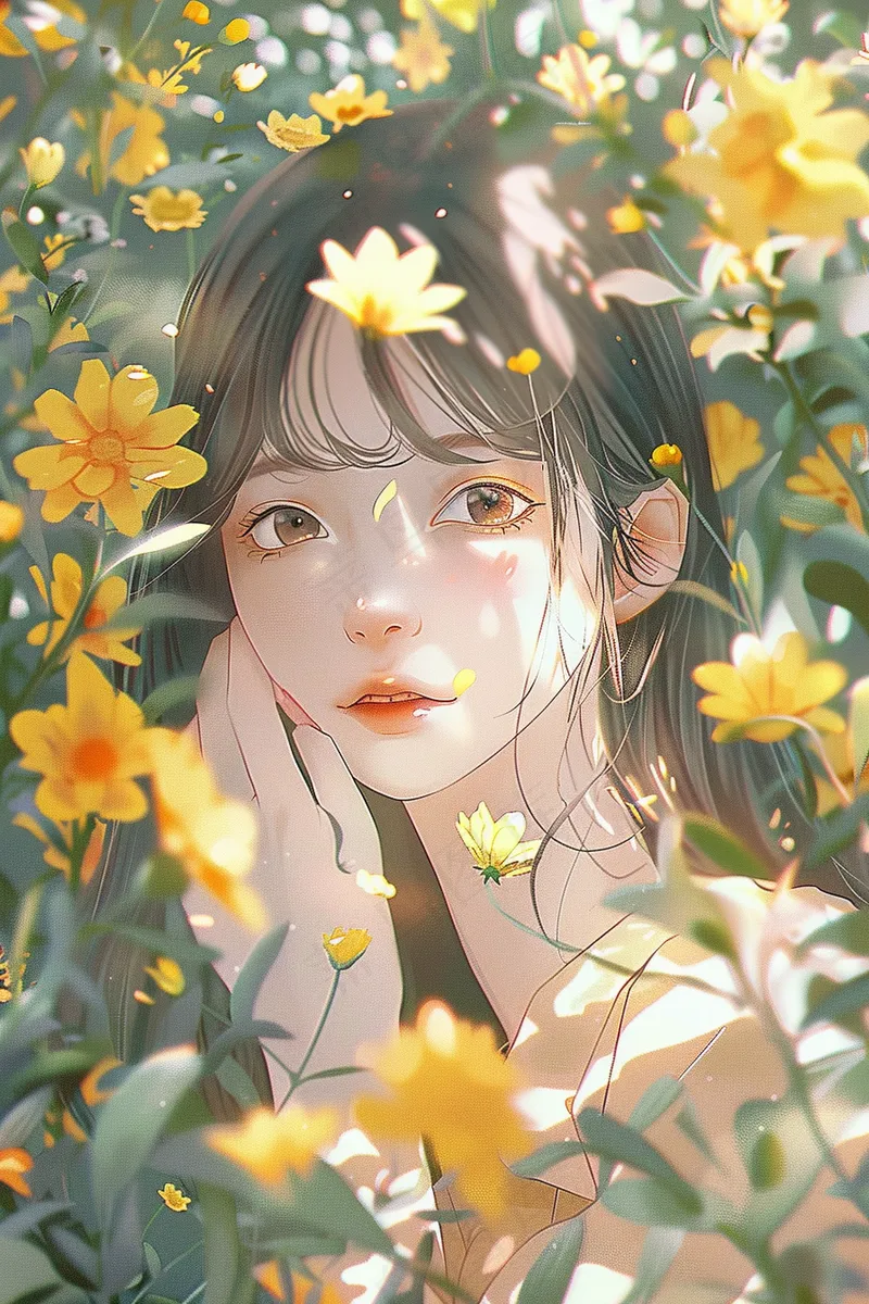 躲在黄色小花丛中的少女插画背景(2688x4032)