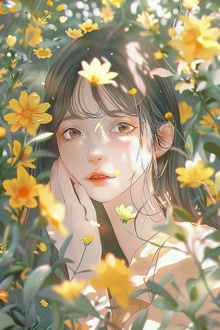 躲在黄色小花丛中的少女插画背景
