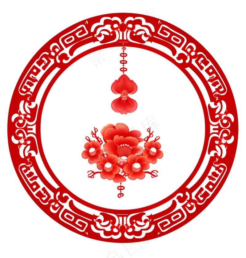 红色圆形边框窗花春节贴纸免抠(1814x1900)