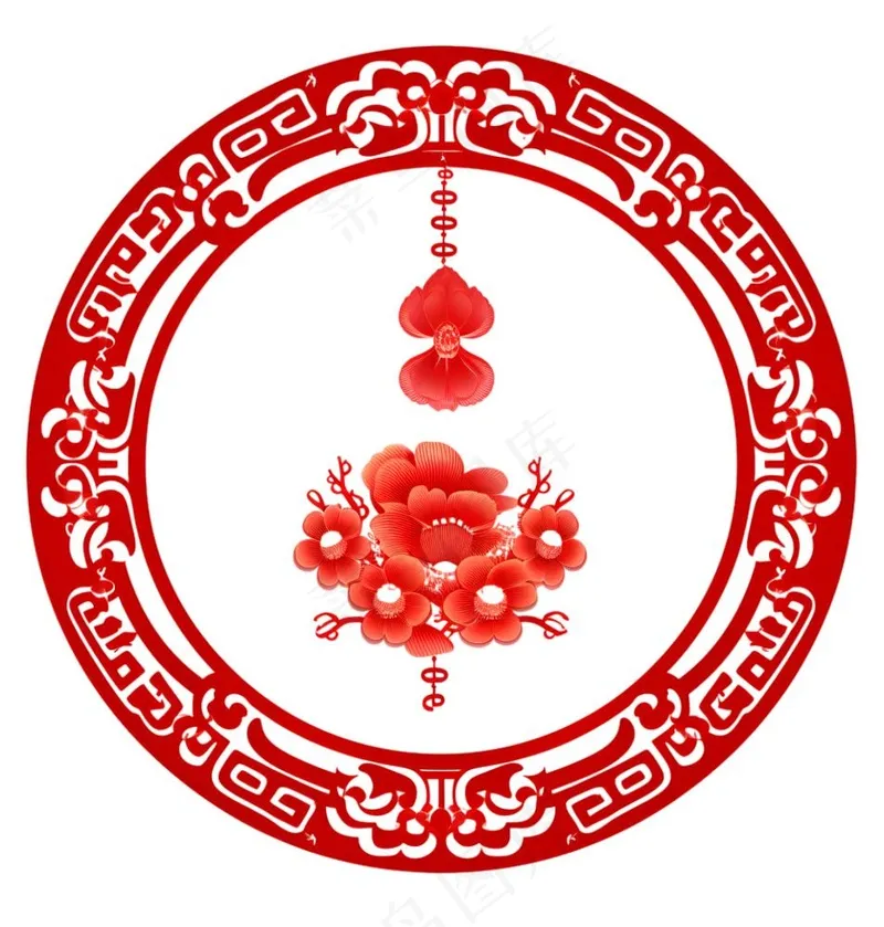 红色圆形边框窗花春节贴纸免抠(1814x1900)