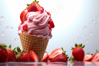 草莓冰淇淋蛋筒夏天清凉摄影图