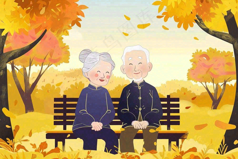 秋天公园长椅坐着的老年夫妻老人互相陪伴黄树落叶重阳佳节卡通插画背景(1344x896)