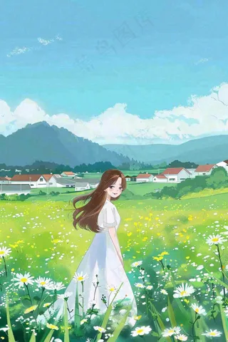 春夏花海里的少女美丽唯美小清新春分立夏夏至青春卡通插画背景