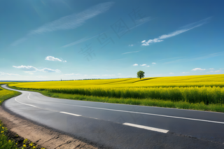 晴朗天空下沥青路盛开油菜地旁图片