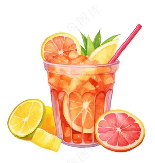 水果茶饮料草莓菠萝橙子柠檬水彩插画免抠