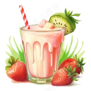 草莓奇异果奶茶冰淇淋奶茶美味夏日卡通插画免抠