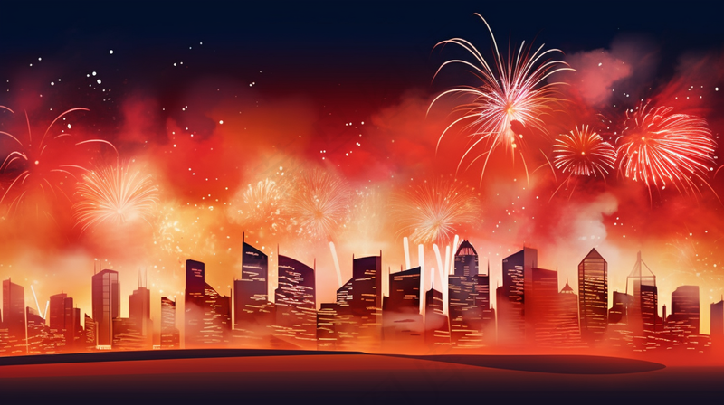 新年春节城市烟花庆祝新一年热闹喜庆卡通红色插画背景(4368x2448)
