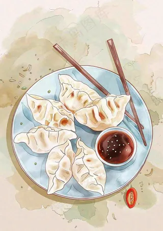 饺子中国传统美食水彩插画冬至节日