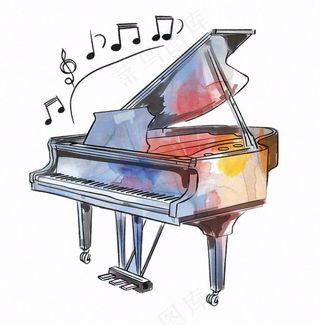 钢琴乐器音乐水彩画插画免抠