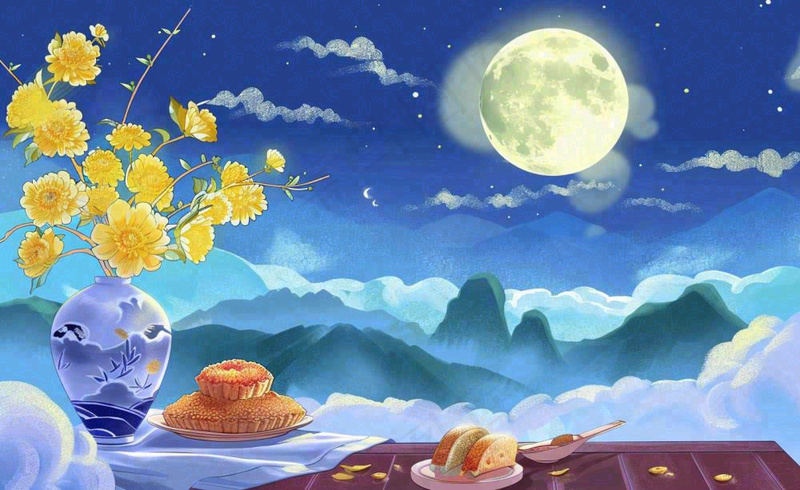 中秋夜晚赏月月饼饮茶黄花菊花桂花国风插画背景(1408x864)