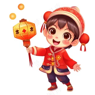 新年儿童拜年张灯结彩国潮春节红色手绘卡通插画免抠