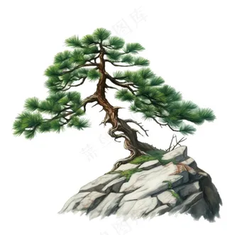 松树石壁上的迎客松古风水墨画插画免抠