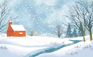 冬天雪景河流森林小屋白雪皑皑小雪大雪冬至立冬水彩画卡通插画背景