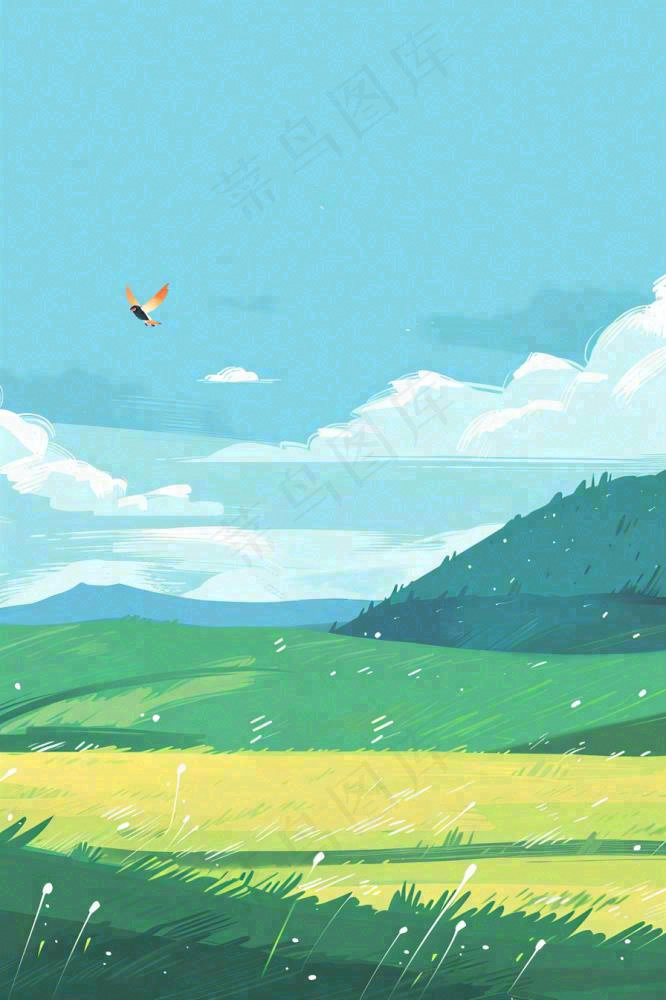 春天春暖花开草原蓝天白云燕子惊蛰春分卡通插画背景(896x1344)