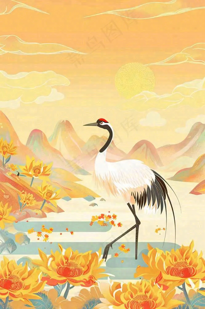 国潮风金秋菊花山水丹顶鹤中秋重阳节中国风插画背景(896x1344)