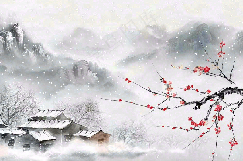 冬天山林里的小村庄红梅花白雪覆盖国风水墨画立冬冬至小雪大雪插画(1344x896)