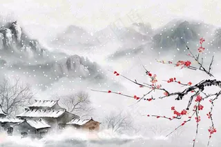 冬天山林里的小村庄红梅花白雪覆盖国风水墨画立冬冬至小雪大雪插画