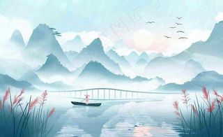 白露中国山水画古风芦苇水墨画寒露背景