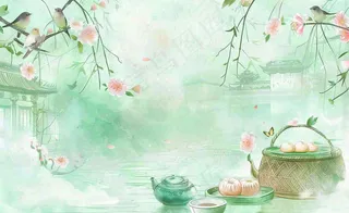 春天桃花春茶茶壶燕子清明山水国画中国风水墨插画背景茶文化采茶