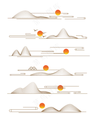山水波浪祥云中式国风线条57免扣素材