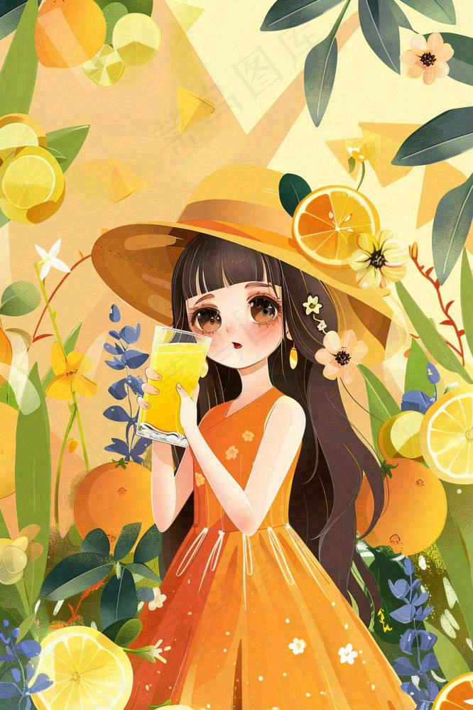 夏天喝橙汁的女孩橘黄色度假风鲜花花丛清凉解暑立夏大暑小暑夏至卡通插画背景(896x1344)