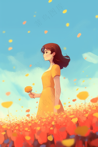 春天花海里的少女插画背景