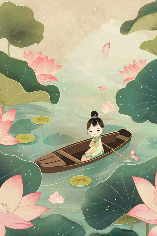 夏日荷花荷叶划船女孩古风国风插画立夏小暑大暑处暑插画背景