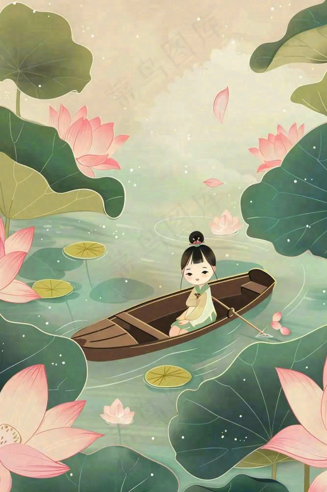 夏日荷花荷叶划船女孩古风国风插画立夏小暑大暑处暑插画背景(896x1344)