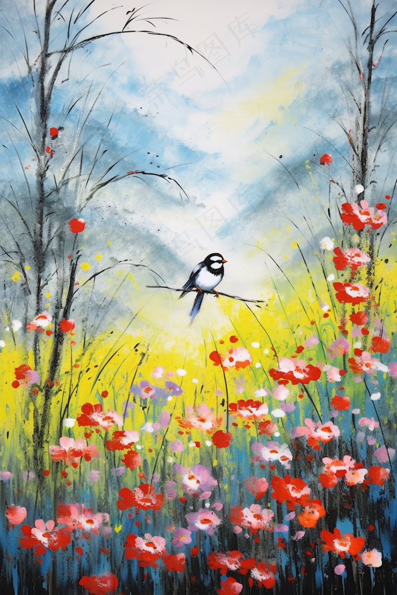 花鸟树枝花草国画水墨画素材背景