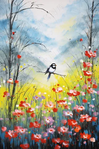 花鸟树枝花草国画水墨画素材背景