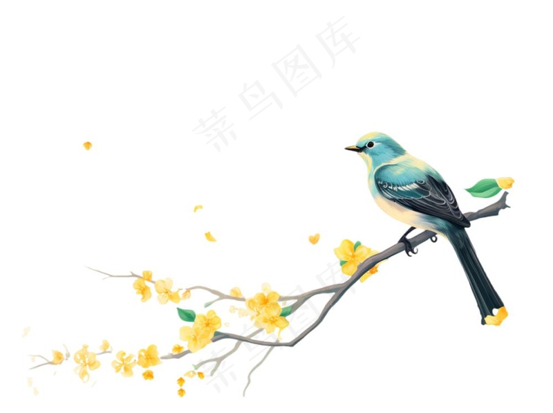 站在树上的鸟黄花卡通插画免抠