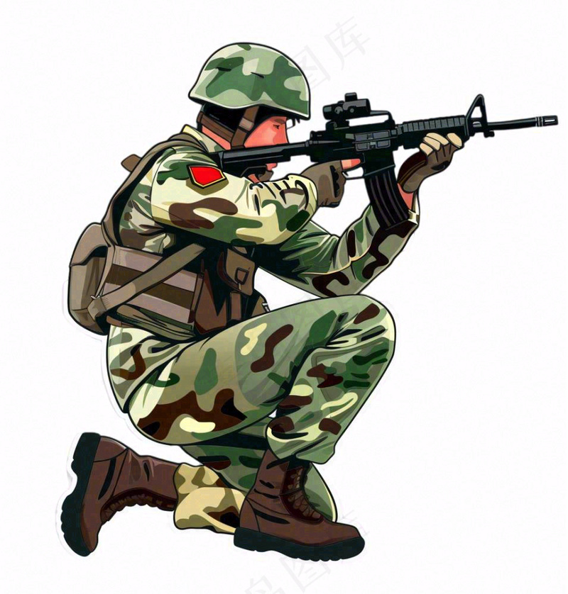 士兵军人拿着枪训练人物卡通插画免抠(1024x1072)