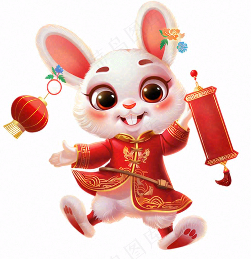 白兔兔年吉祥新年十二生肖红色喜庆卡通插画免抠(1024x1056)