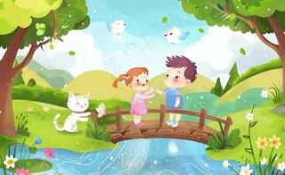 春天出游踏青森林公园小溪小桥樱花小孩宠物立春春分惊蛰绿色卡通插画背景