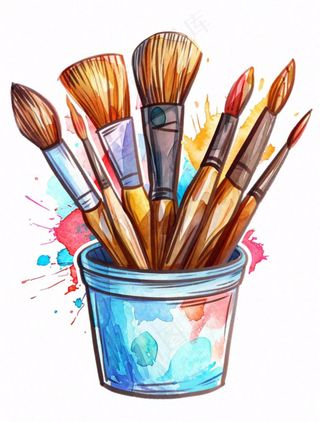 画笔颜料水桶彩色美术卡通插画免抠