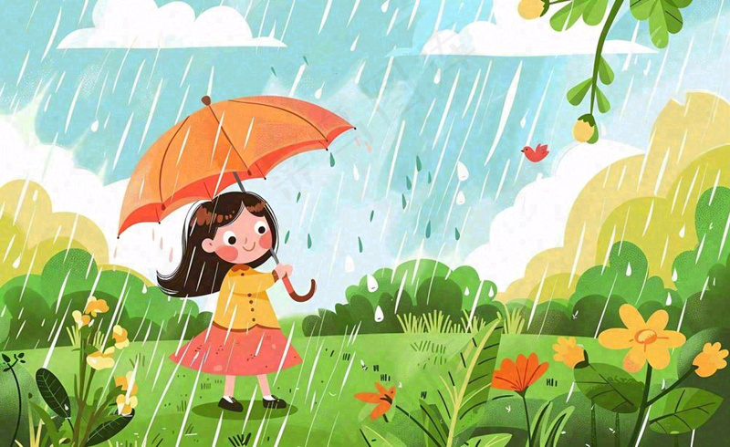 春天雨季女孩打伞在森林公园里嬉戏小草花丛鸟春游踏青雨水谷雨卡通插画背景(1408x864)