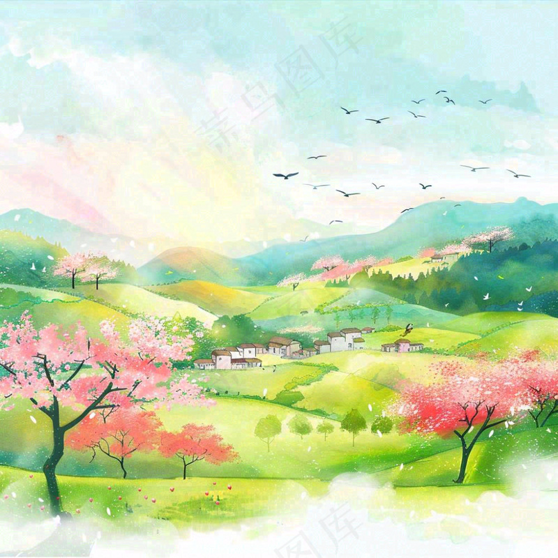 春天春分春暖花开江南山林桃花国画徽式建筑古风水墨插画背景(1024x1024)
