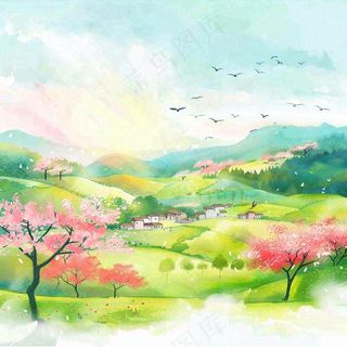 春天春分春暖花开江南山林桃花国画徽式建筑古风水墨插画背景