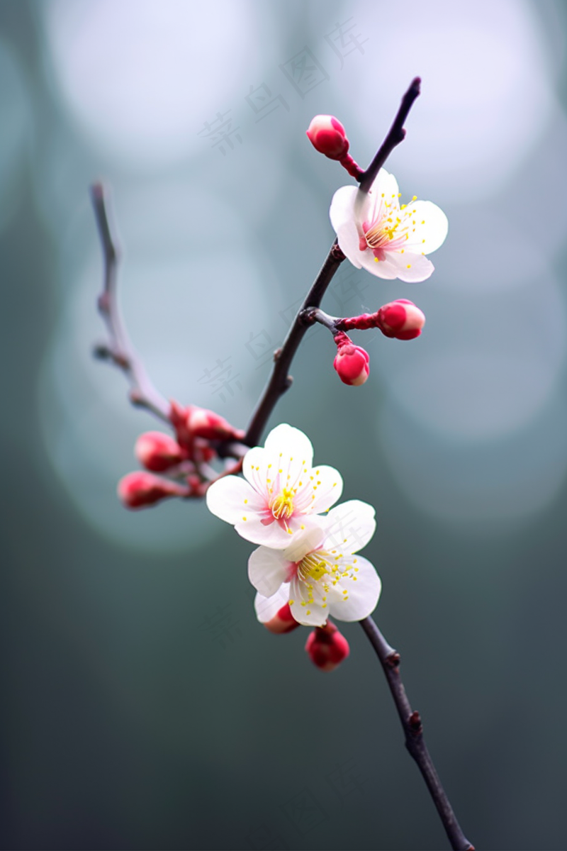 白梅花春天树枝抽新芽蓝天摄影图